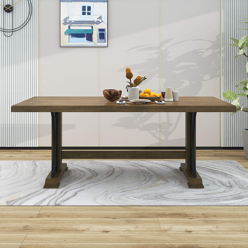 Elegant walnut dining table with antique finish, seating 8 for family dinners.