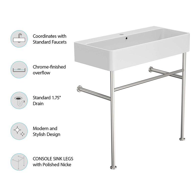 32" Modern White Ceramic Bathroom Console Sink with Polished Nickel Legs - Image 6