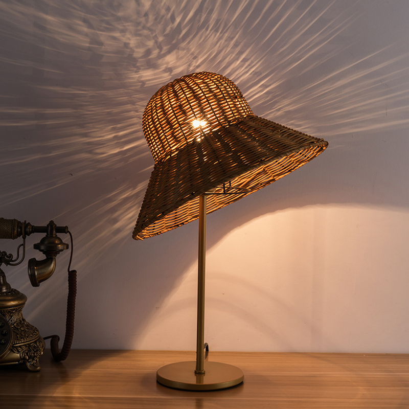 Close-up of the handwoven rattan lamp showcasing intricate weaving patterns.
