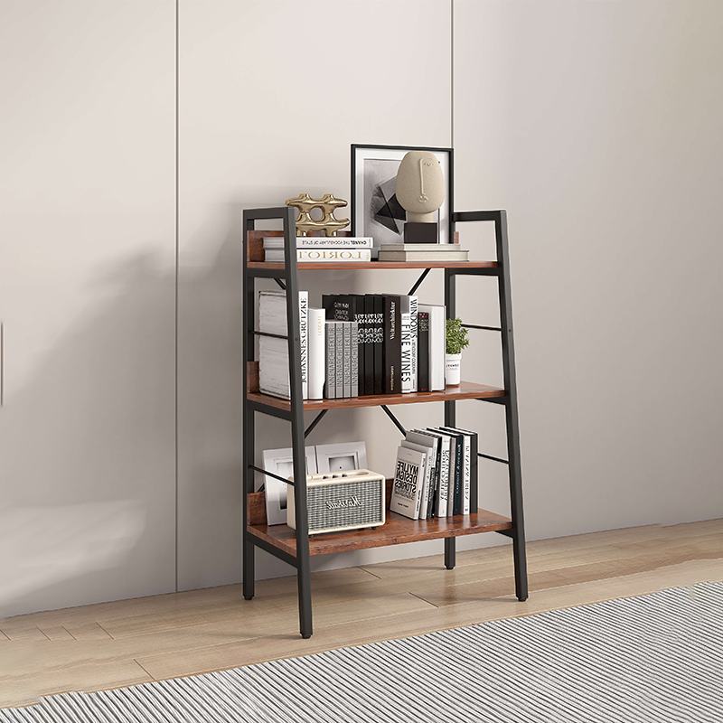 Ladder bookshelf showcasing decorative plants and books from a side angle.