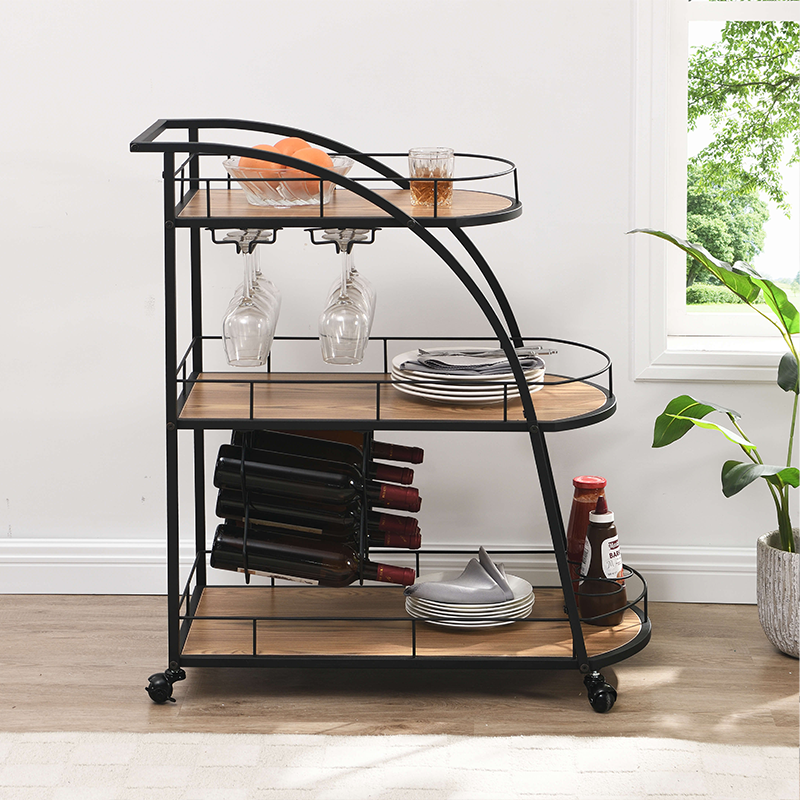 Stylish mobile bar cart with wheels in a contemporary kitchen setting.