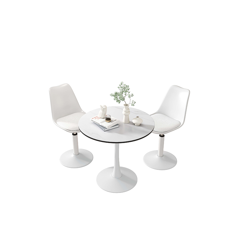 Close-up of the round marble top showcasing the elegant finish and tulip base design.