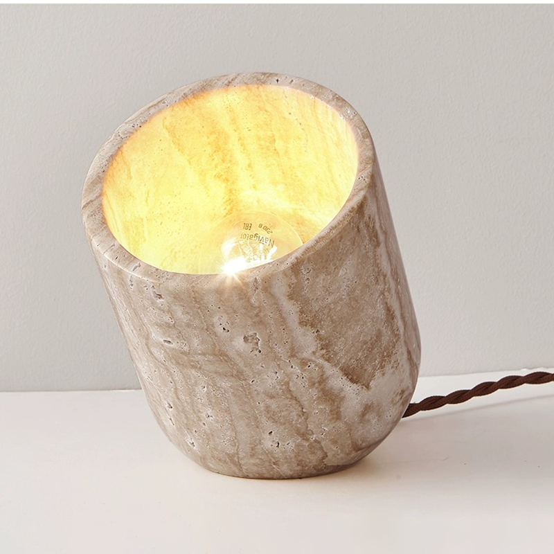 Nordic cream wood table lamp from an angle, highlighting its LED light feature.