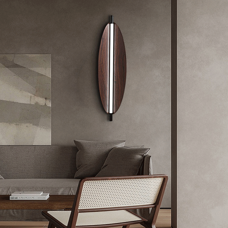 Close-up of the concave shade of the Scandinavian Wood Grain Dimmable LED Wall Lamp, highlighting its organic shape.