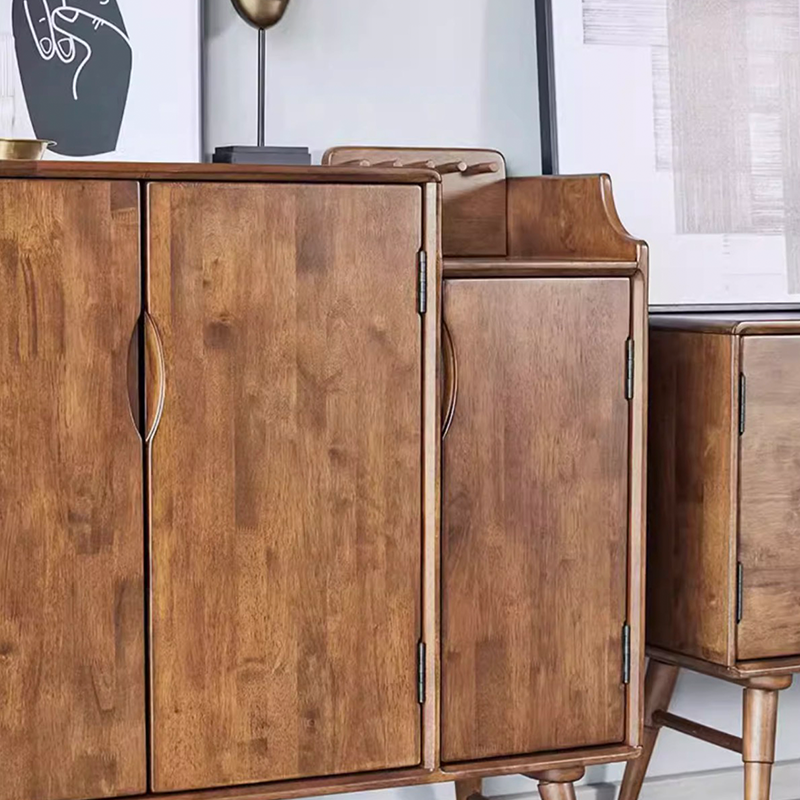 Front view of minimalist freestanding shoe cabinet for small spaces with open double doors showing shoe storage