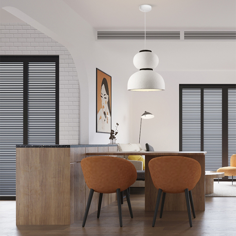 Elegant Japanese white gourd shape LED pendant light from a side angle, showcasing its intricate design.