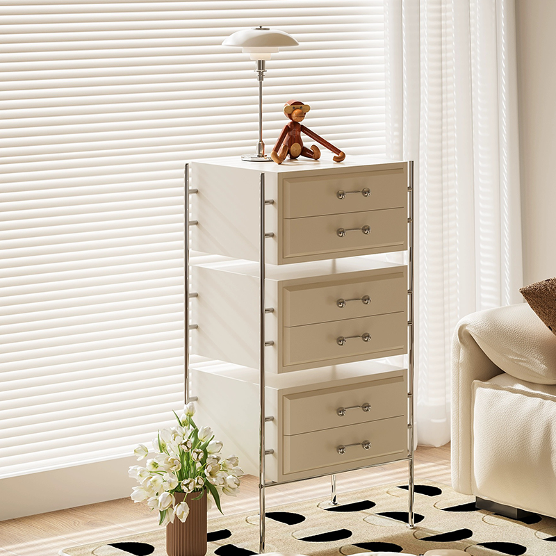 Close-up of the sturdy steel frame of the storage cabinet with a waterproof wood top.