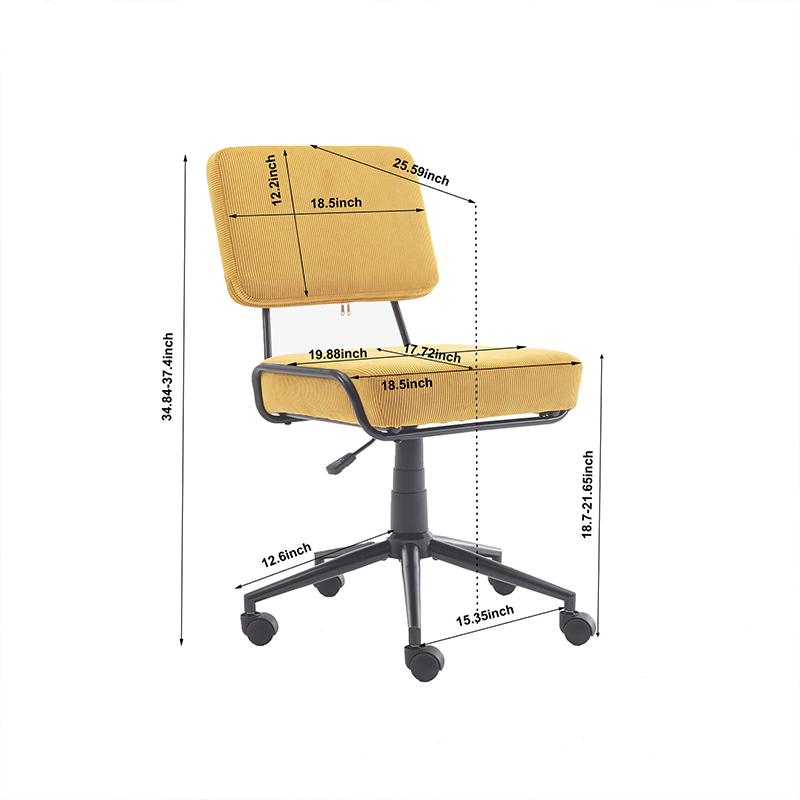 Side view of the adjustable height yellow swivel chair highlighting its 360-degree rotation and sturdy metal frame.