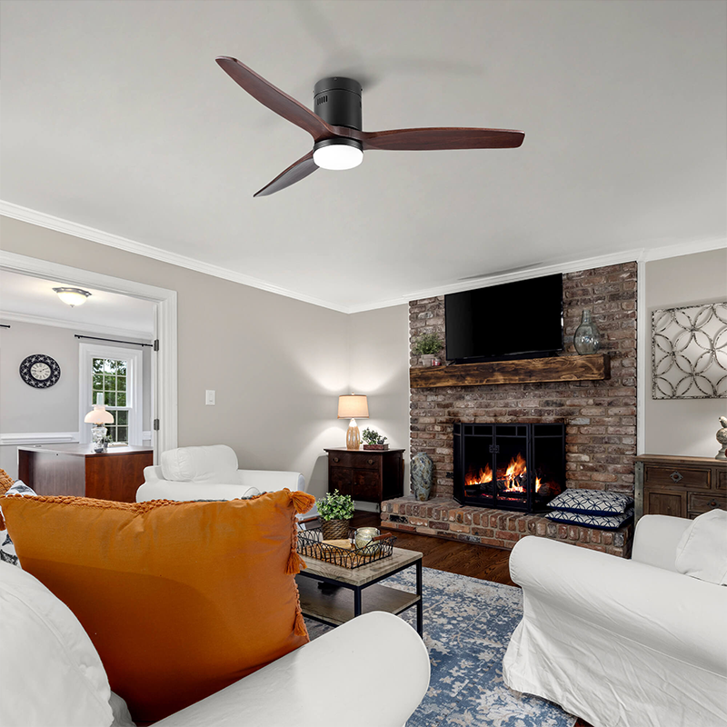 A close-up view of the walnut finish on the modern LED farmhouse ceiling fan, showcasing its sleek design.