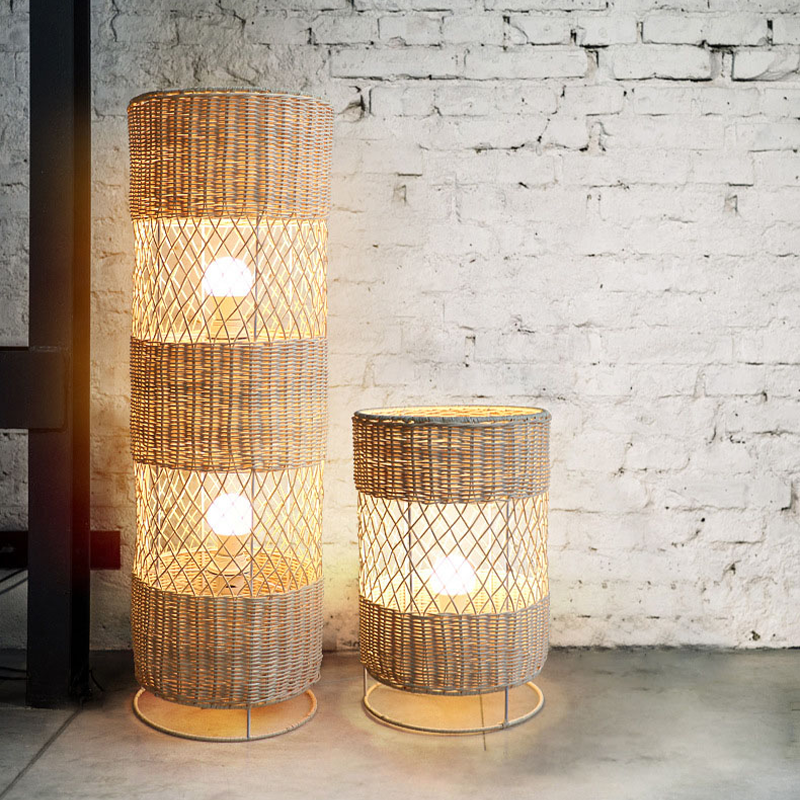 Elegant Bamboo & Rattan Floor Lamp from the side, highlighting its unique design for modern living spaces.