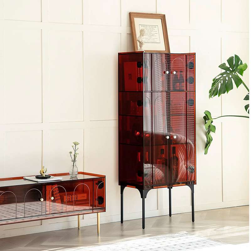 Interior view of Nordic Glass Tall Bar Cabinet displaying liquor and glassware