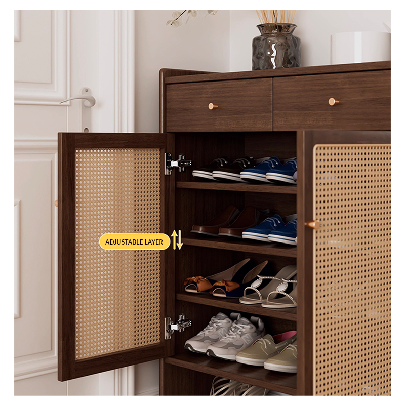 Scene with shoe cabinet in narrow hallway for compact entryway storage