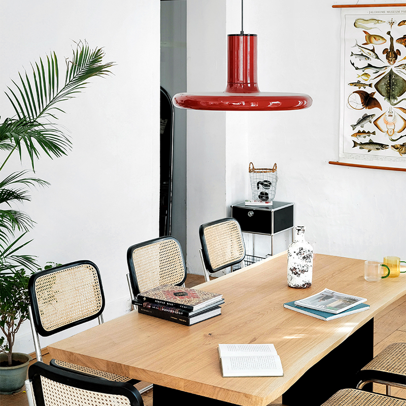 Close-up of the Retro UFO Pendant Light highlighting its sleek metal finish.