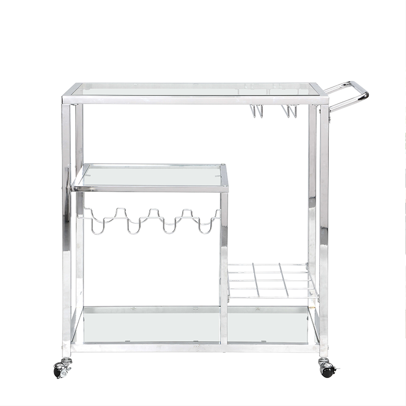 Sleek Silver Tempered Glass Bar Cart with Wine Rack - Image 6