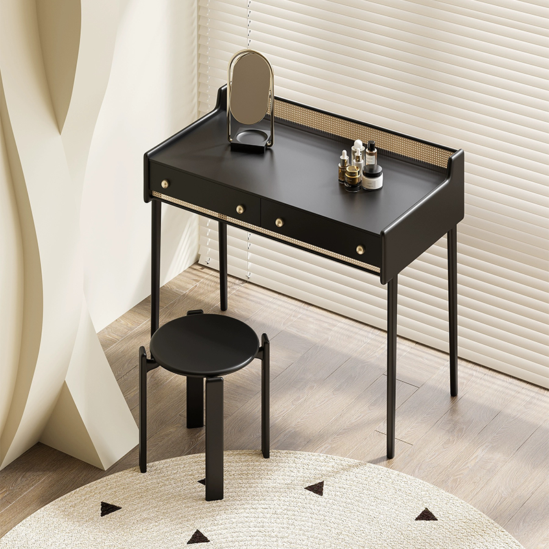 Elegant Rattan Solid Wood Makeup Vanity Set showcasing its sleek design and drawer functionality.