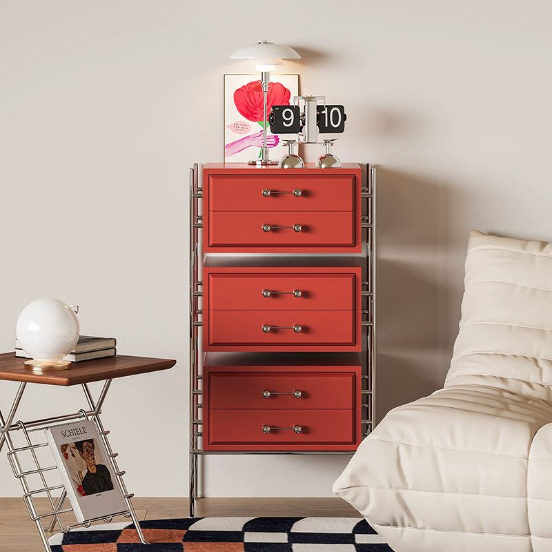 Sleek modern wood metal storage cabinet showcasing six drawers in a cozy bedroom setting.