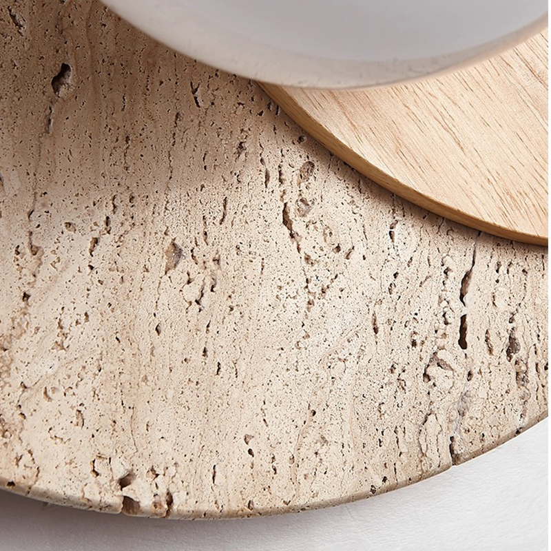 Close-up of the Nordic wooden wall lamp showcasing its natural beige travertine and solid wood design.