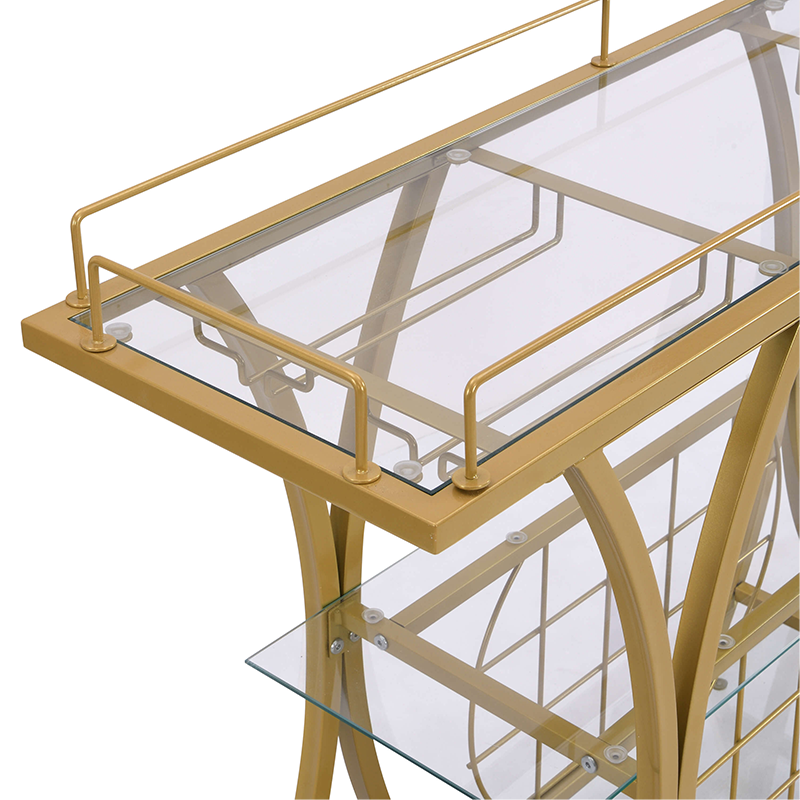 Elegant gold bar cart with tempered glass, showcasing wheels and wine rack from a side angle.