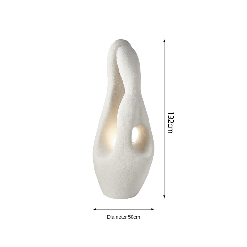 Close-up of the Japanese style LED floor lamp highlighting its artistic polystyrene base.