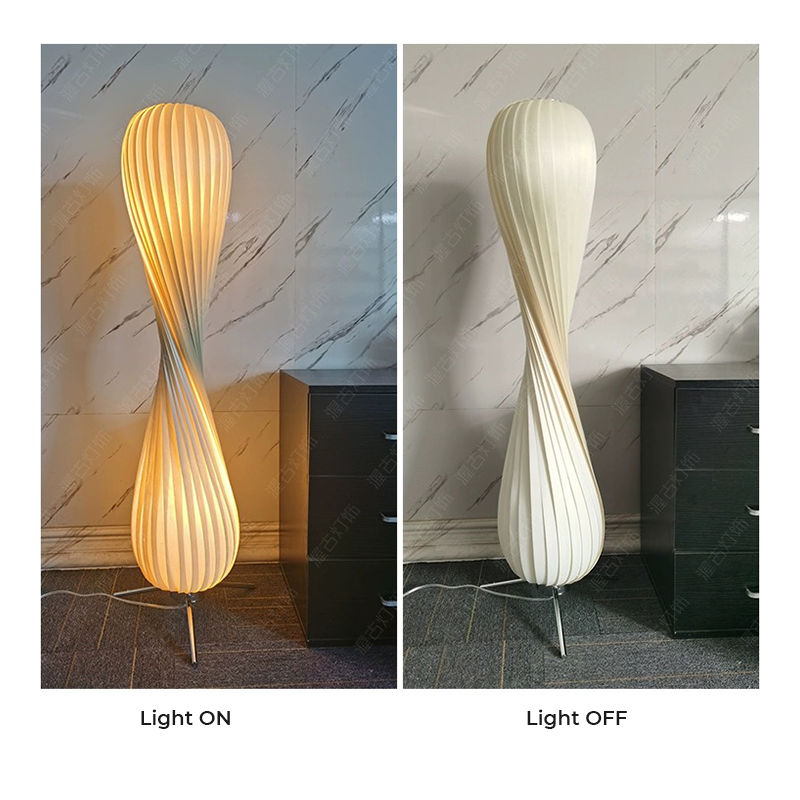 Close-up of the wooden frame and fabric shade of the LED floor lamp.