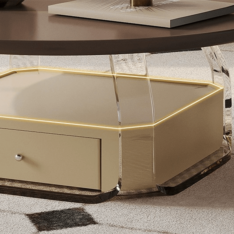 Angled view of round coffee table and side table in brown finish, styled in modern living room