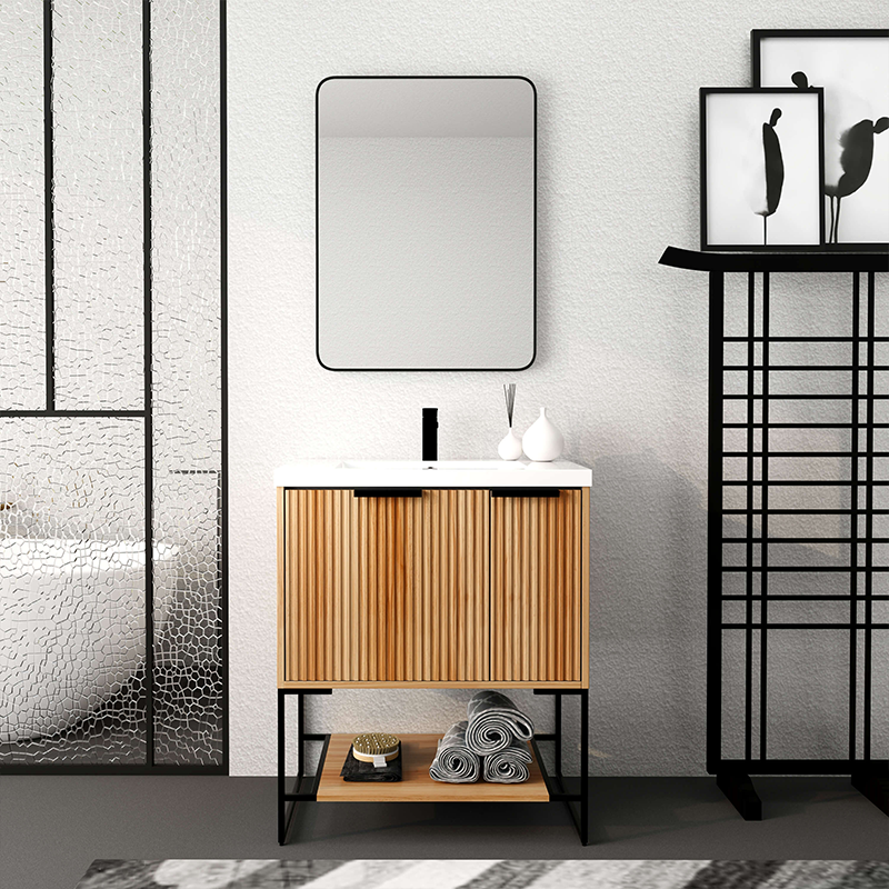Front view of modern maple freestanding vanity with resin sink and soft close drawer