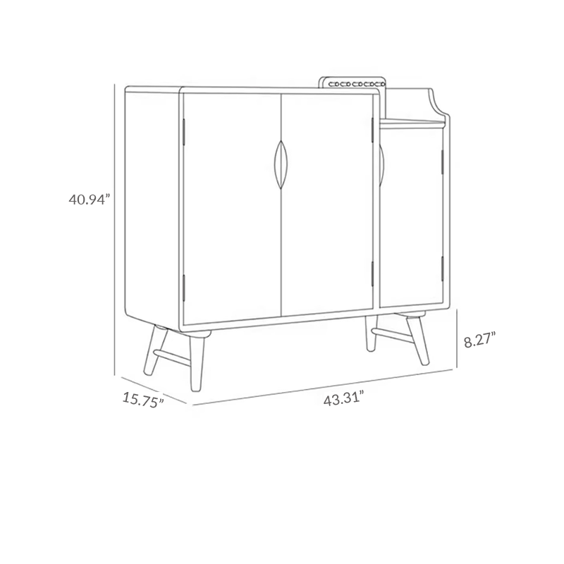 Side angle of rubber wood shoe cabinet with double doors placed in a modern entryway with boots and accessories