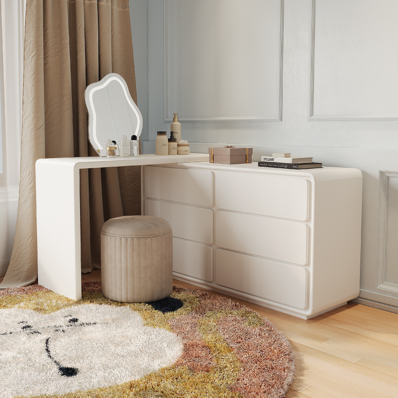 Affordable makeup table with storage, highlighting the six drawers and solid wood legs.