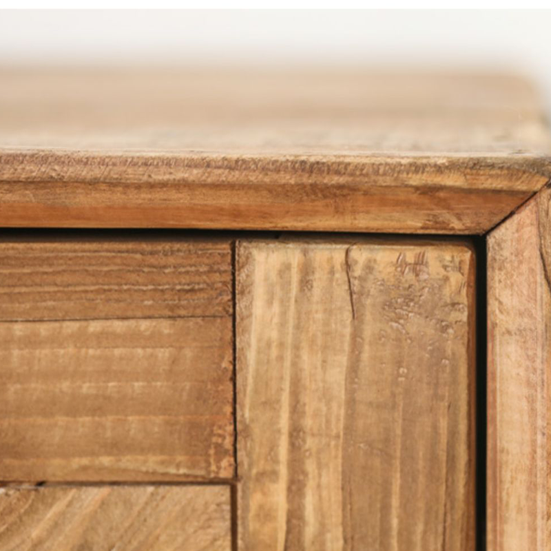 Side profile of the wood cabinet highlighting the rustic elegance and dimensions for dining room use.