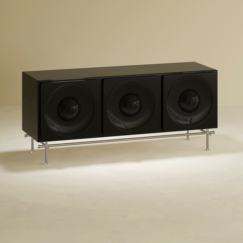 A close-up view of the cabinets metal base and drawer handles, highlighting the quality craftsmanship.