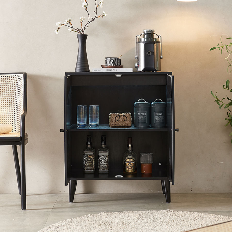 Angle shot highlighting the texture of the cheap sideboard cabinet with rattan doors against wood flooring