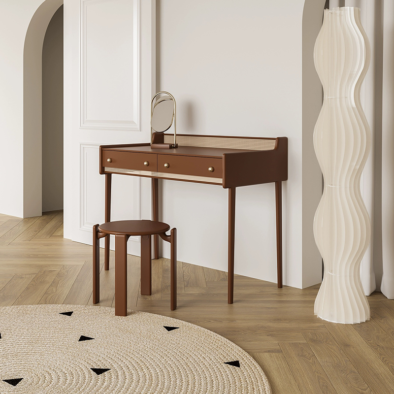 Close-up of the modern vanity set for bedroom, highlighting the solid wood finish and elegant rattan details.