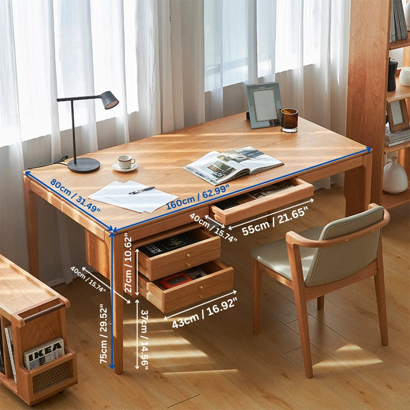 Cherry wood writing desk with drawers, showcasing sleek Scandinavian design.