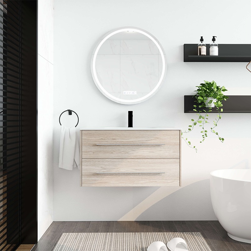 Side view of the elegant 36-inch white oak wall-mounted vanity showcasing its modern design and smooth finish.