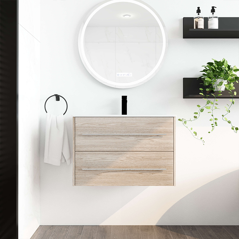 30-inch modern white oak wall-mounted bathroom vanity showcasing its sleek design and ample storage drawers.