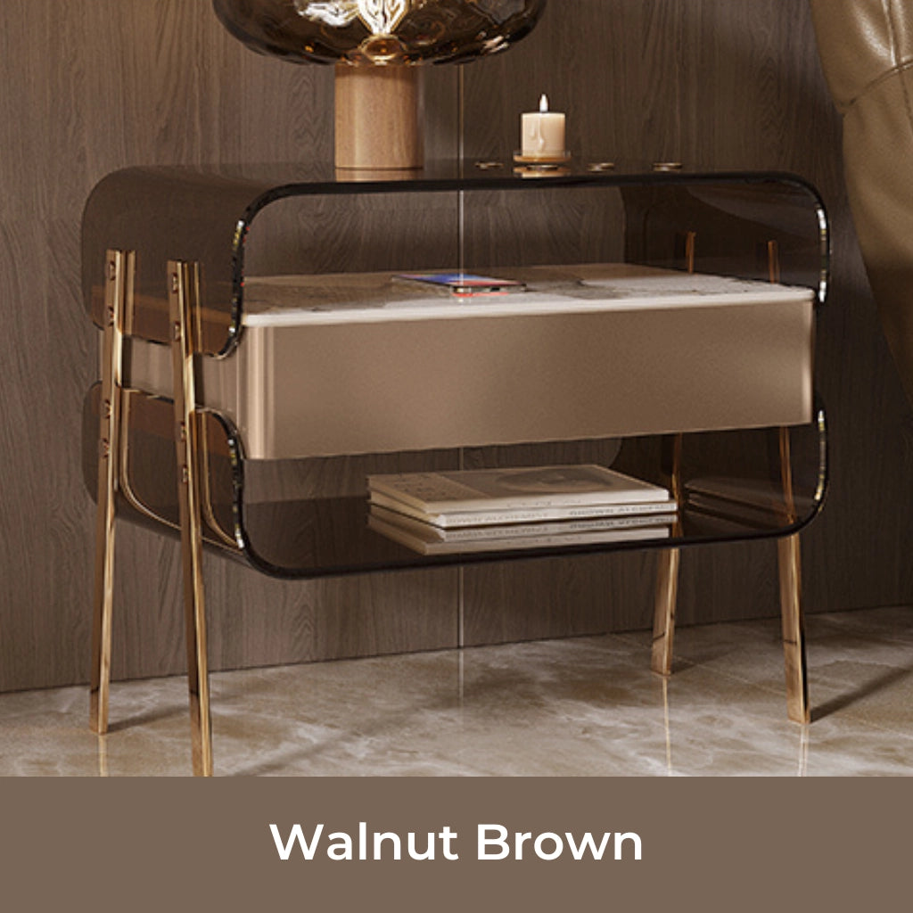 Front view of sleek acrylic nightstand showcasing open shelves.