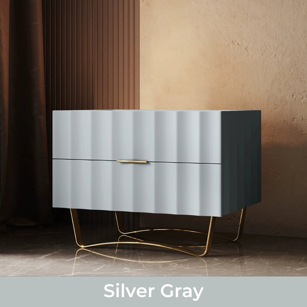 Close-up of the sintered stone top with glossy finish on the nightstand.