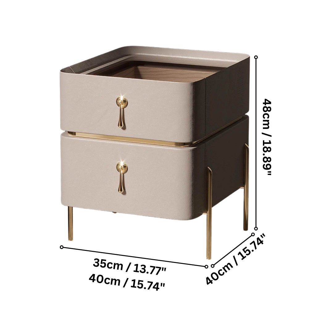 Elegant modern leather nightstand with automatic light in a softly lit bedroom.