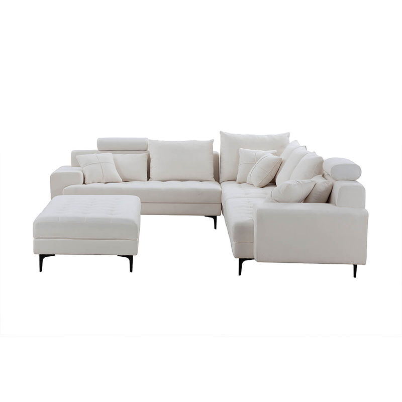 Close-up of the comfortable cushions on the off white L-shaped sofa, showcasing its soft fabric.