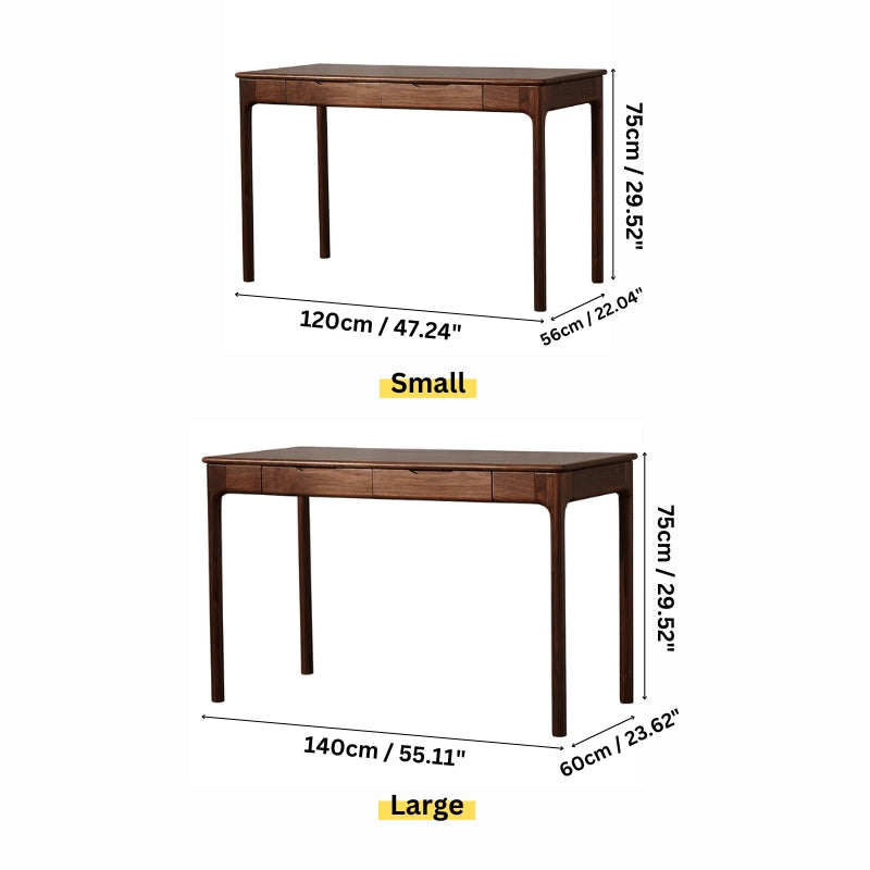 Stylish walnut retro desk showcasing dual drawers from a side angle, perfect for home offices.
