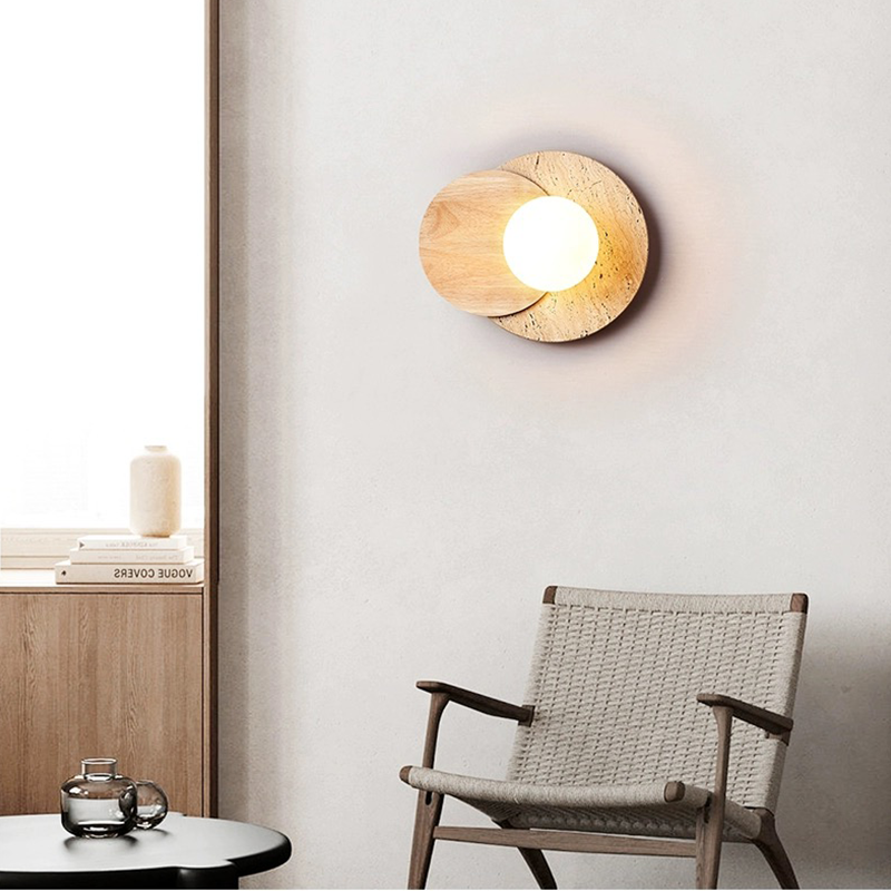 Close-up of the Nordic wooden wall lamp showcasing its natural beige travertine and solid wood design.
