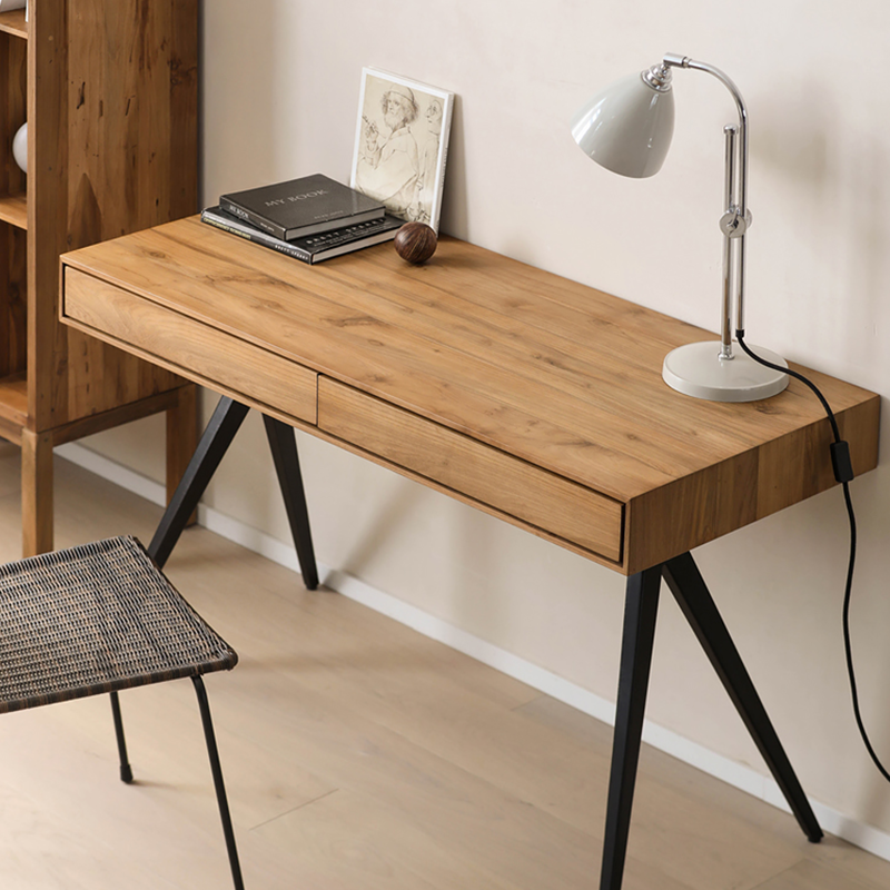 Front view of the modern minimalist teakwood two-drawer writing desk showcasing its sleek design.