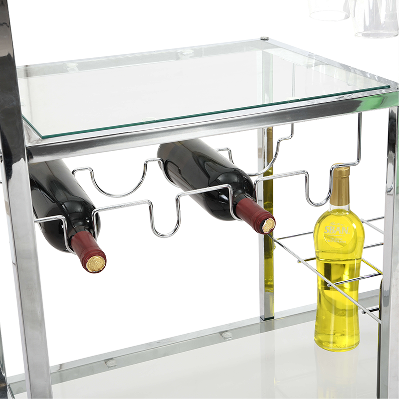 Sleek Silver Tempered Glass Bar Cart with Wine Rack - Image 7