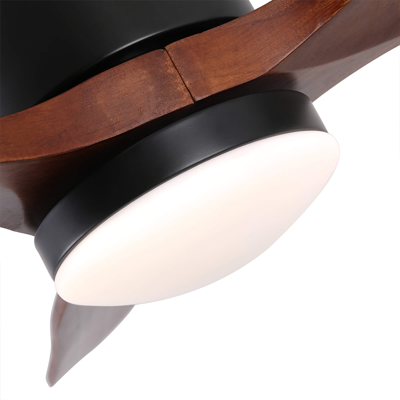 A close-up view of the walnut finish on the modern LED farmhouse ceiling fan, showcasing its sleek design.