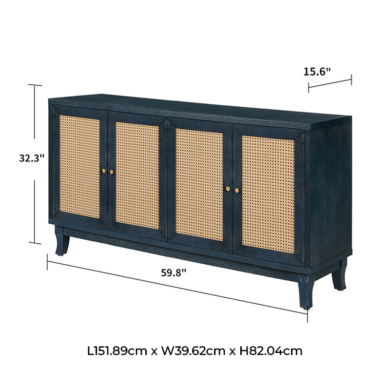 Elegant blue wood sideboard styled with books and decor in a cozy living room setting.
