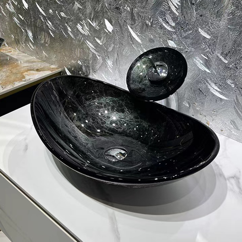 Contemporary gray blue rectangular tempered glass sink showcasing its sleek design.