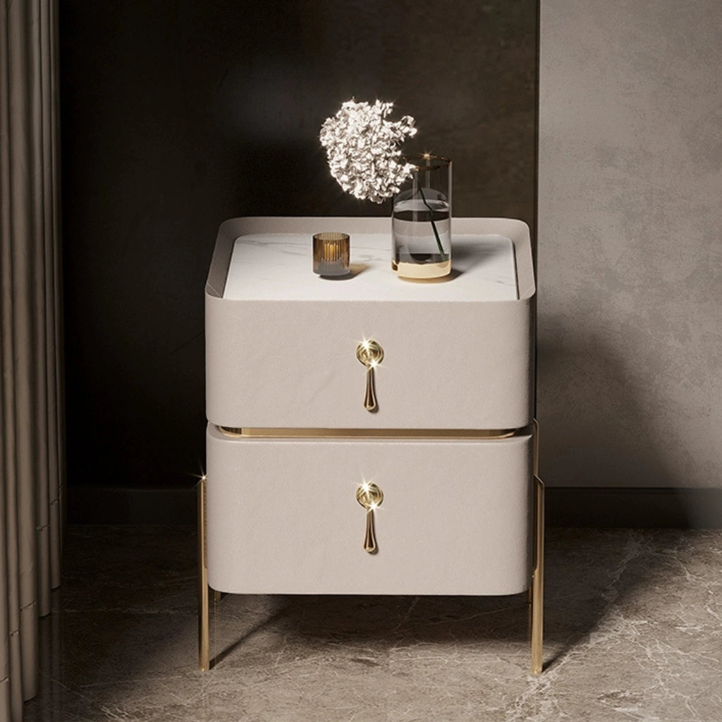 Close-up of the luxurious PU leather texture on the nightstand.