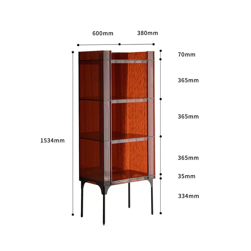 Elegant acrylic display cabinet in black crystal with books and decor