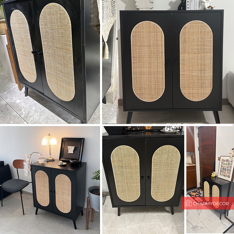 Front view of Katsura cabinet showing double rattan doors and Japanese minimalist detailing