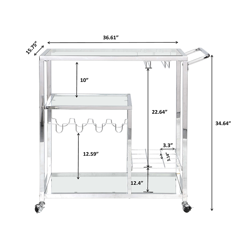 Sleek Silver Tempered Glass Bar Cart with Wine Rack - Image 4